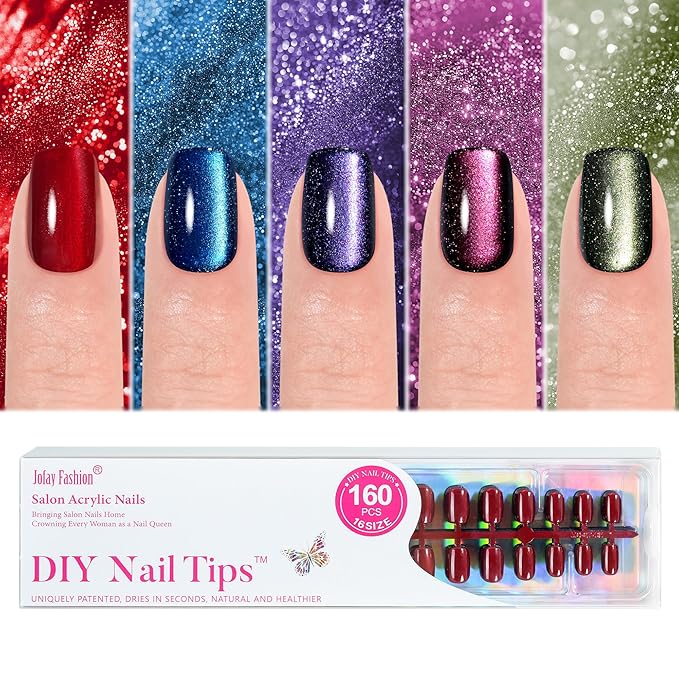 Cat Eye Press on Nails Short 5 Styles, Jofay Fashion 160Pcs Salon-Like Fake Nails with Glitter Chasing Light Cat Eye Designs, Christmas Artificial Acrylic Nails Glue on Nails Stick on Nails for Women