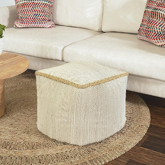 LR Home Birch/Silver Bordered Hand-Loomed Cotton Blend Cube Pouf with Jute Braid for Home Décor | Transitional Foot Rest for Bedroom & Living Room | 18 x 18 x 18 Stuffed Ottoman for Seating