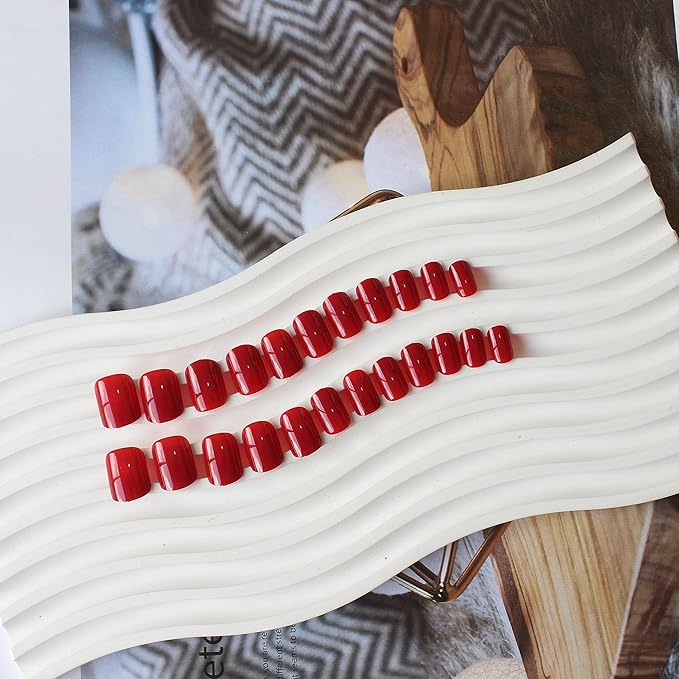 KQueenest Light Red Press on Nails Short Square, Acrylic Fake Nails Short, Natural Fit Small False Nails Press ons, Reusable Gel Stick on Nails for Women Christmas Wear in 24 Pcs