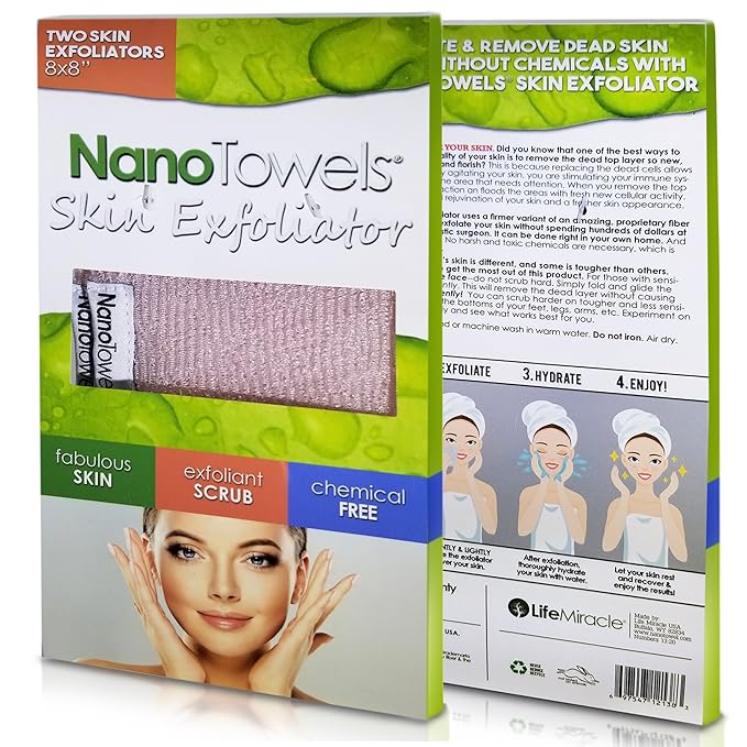 Nano Towels Skin Exfoliating Cleanser | Personal Microdermabrasion Face Wash, Pore Toner & Body Scrub Cloth | Chemical Free Dead Skin and Blackhead Remover. Korean Skin Care Secret | 2 Exfoliators