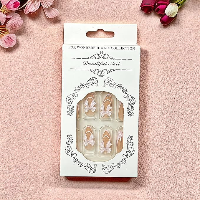 24Pcs French Press on Nails Medium Almond Fake Nails with 3D Bow Rhinestones Pink French Tip Design False Nails Pink Bow Charms Acrylic Stick on Nails Artificial Fingernails Nails Press ons for Women