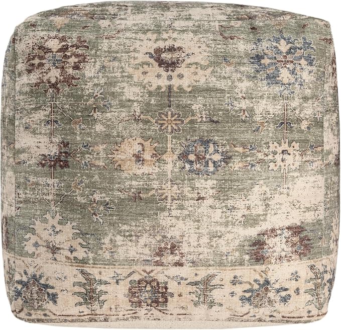 LR Home Grace Vintage Floral Sage Green Square Indoor Medium Pouf Ottoman | Power-Loomed Polyester Pouf Footrest for Bedroom & Living Room Decor | 18 x 18 x 18 Stuffed Ottoman for Seating