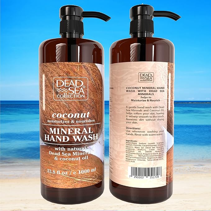 Dead Sea Collection Hand Soap Pump Coconut - Hand Wash Liquid with Dead Sea Minerals and Coconut Oil - All Skin Types Moisturizing & Nourishing - Pack of 2 (33.8 Fl Oz Each) - 67.6 Fl Oz
