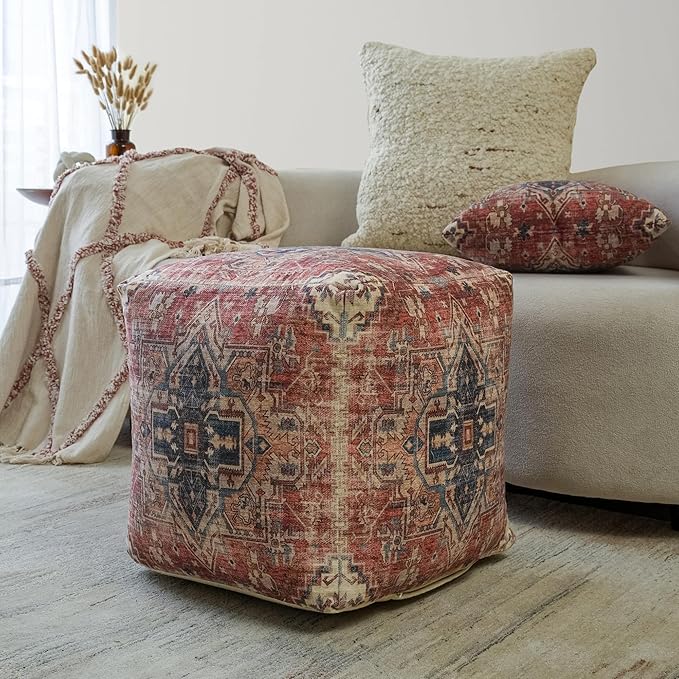 LR Home Vintage Medallion Indoor Medium Pouf Ottoman | Polyester Pouf for Home Decor | Foot Rest for Living Room, Bedroom & Dorm | 18 x 18 x 18 Stuffed Ottoman for Seating | Rust/Navy