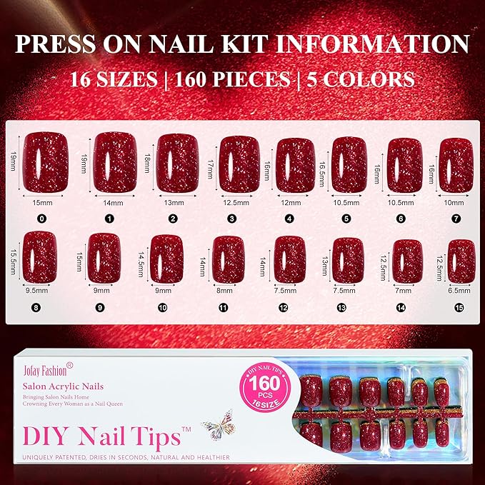 Valentines Press on Nails Short 5 Styles, Jofay Fashion 160Pcs Red Press on Nails, Square Glossy Glitter Fake Nails, Reusable Artificial Acrylic False Nails, Glue on Nails for Women