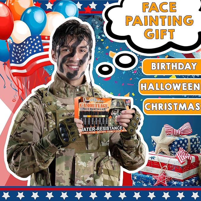 Jim&Gloria Water-Resistant Hunting Camo Face Paint Sticks - 8 Colors Camouflage Face Painting Kit Military Stuff Shooting Game Airsoft, Paintball, Tactical Gear, Eye Black Baseball, Softball, Football