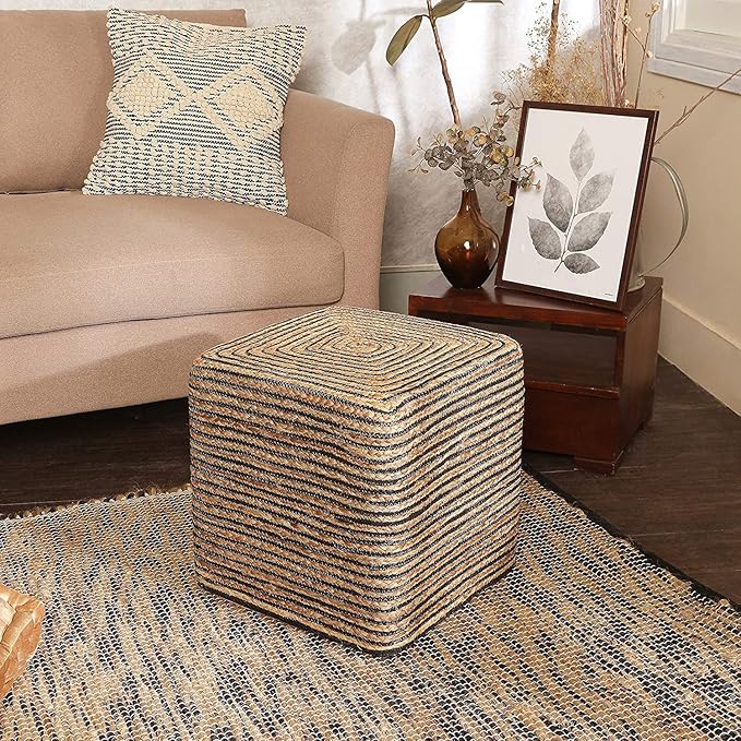 REDEARTH · Cube Pouf Foot Stool Ottoman - Jute Braided Pouffe Poof Accent Sitting Footrest for The Living Room, Bedroom, Nursery, Patio, Lounge 50% Jute 50% Cotton (14.5”x14.5”x16”; Natural Black)