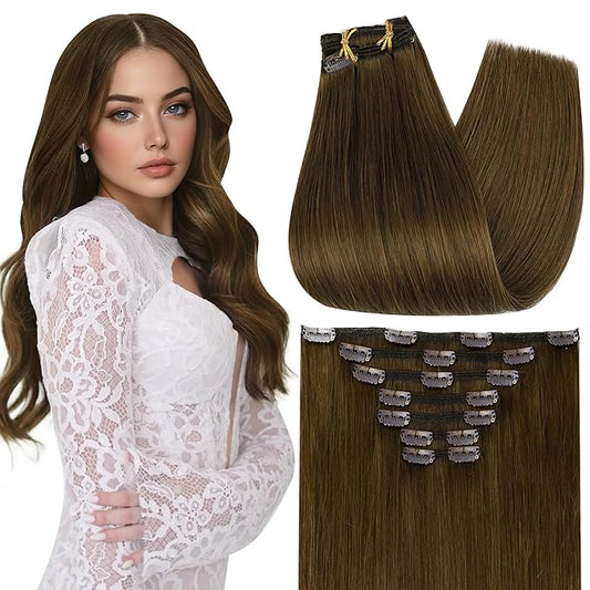 Full Shine 16 Inch Clip in Hair Extensions Light Brown Clip in Extensions Real Human Hair Seamless Hair Extensions Clip ins Natural Hair 7 Pcs 120 G