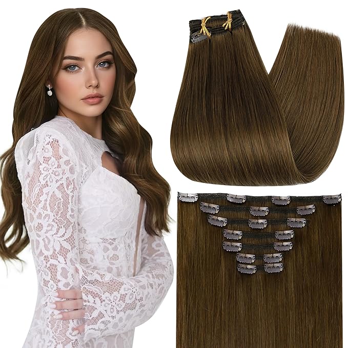 Full Shine Clip in Extensions Real Human Hair Light Brown Hair Extensions Human Hair Clip ins for Cheer for Styling 20 Inch 7 Pcs 120 G