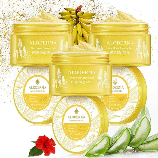 Aloderma Age-Defying Aloe Flower Essence Gel with 24K Gold Leaf, Made within 12 Hours of Harvest - Luxurious Aloe Gel with Allantoin & Hyaluronic Acid for a Shimmering, Youthful Complexion, 7oz 3-Pack