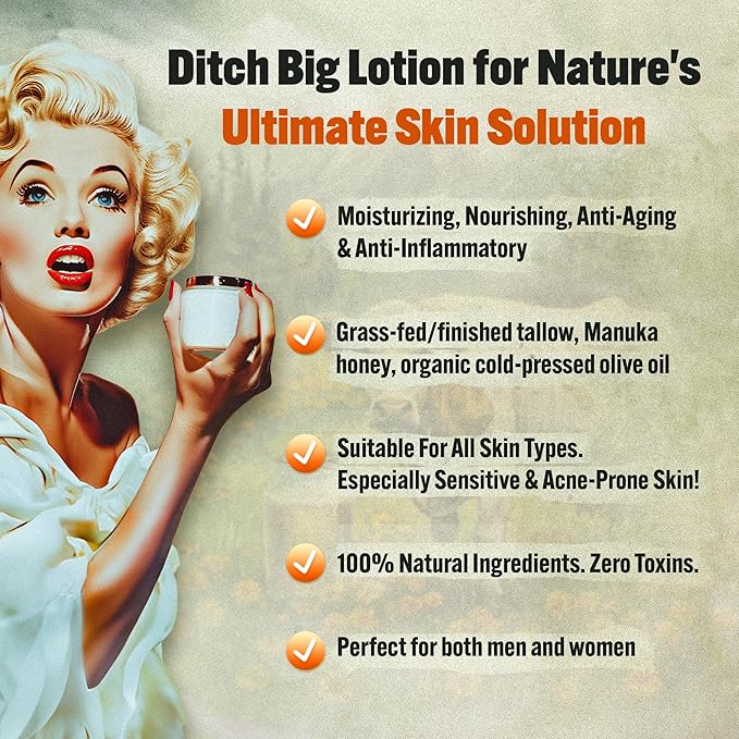 Whipped Beef Tallow and Honey Moisturizer for Skin, Face, Lips, Body (4 Ounce (Pack of 1), Lavender)