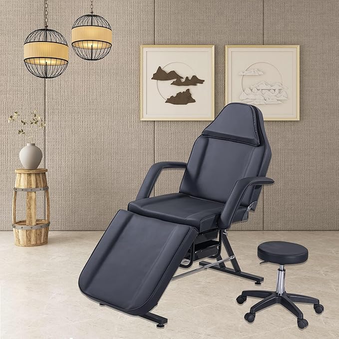 Tattoo Chair Massage Salon with Two Trays， Esthetician Bed with Hydraulic Stool,Multi-Purpose 3-Section Facial Bed Table, Adjustable Beauty Barber Spa Beauty Equipment Black