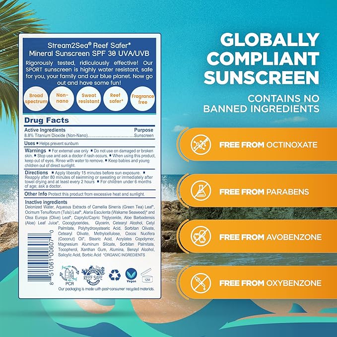 STREAM 2 SEA SPF 30 Mineral Sunscreen Biodegradable and Reef Safe, 1 Fl oz Travel Size Pack of 3, Paraben Free Non Greasy and Moisturizing Mineral Sunscreen For Face and Body Against UVA and UVB