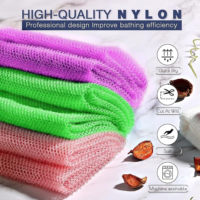 UJFQBH 3 Pieces African Bath Sponge African Net Long Net Bath Sponge Exfoliating Shower Body Scrubber Back Scrubber Skin Smoother,Great for Daily Use (Purple， Pink，Green)