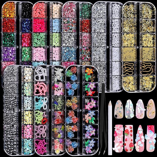 FANDAMEI Nail Charms, 8-Box Nail Charms and Gems, Fruit Bow Hawaii Flowers Petals 3D Nail Art Charms Bulk, Charms Y2K for Nails, Colorful Bubble Beads Nail Rhinestones, Gold Studs Nail Pearls for DIY