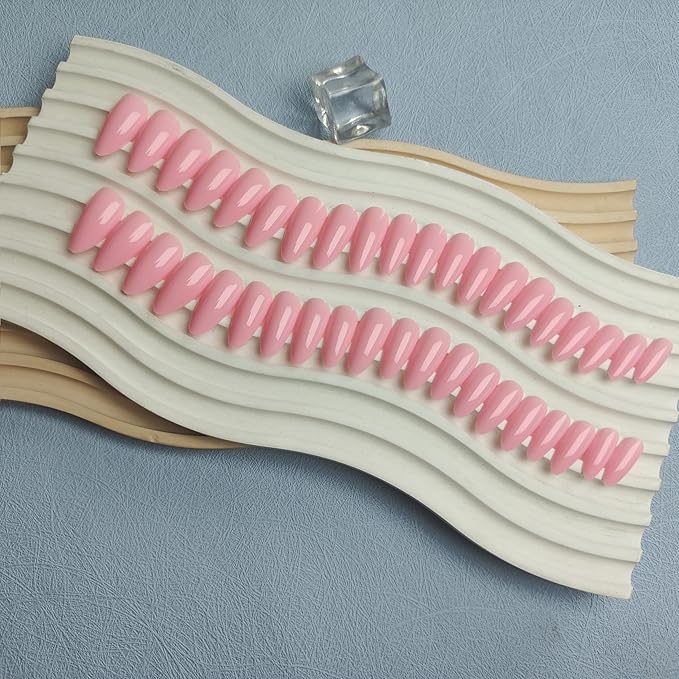 48Pcs Pink Press On Almond Nails - Medium Length, Stiletto & False Nails, Thick Natural Acrylic Gel Finish