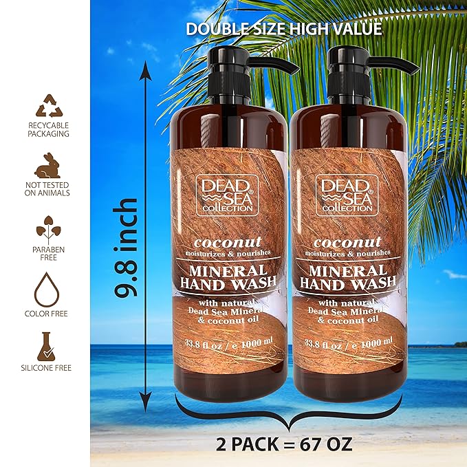 Dead Sea Collection Hand Soap Pump Coconut - Hand Wash Liquid with Dead Sea Minerals and Coconut Oil - All Skin Types Moisturizing & Nourishing - Pack of 2 (33.8 Fl Oz Each) - 67.6 Fl Oz