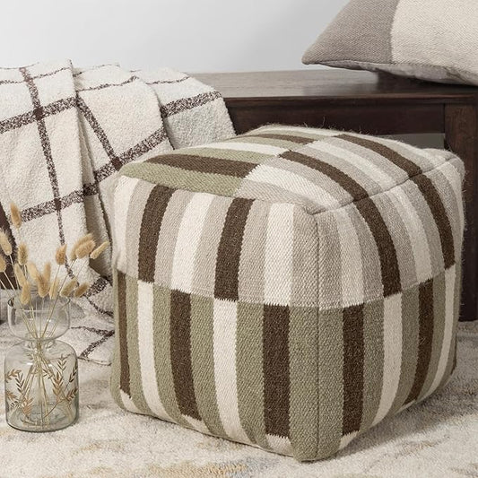 LR Home Handmade Modern Geometric Square Indoor Medium Pouf Ottoman, Ivory/Brown | Wool & Cotton Cube Foot Rest for Home Decor | 18 x 18 x 18 Stuffed Ottoman for Living Room, Bedroom & Dorm