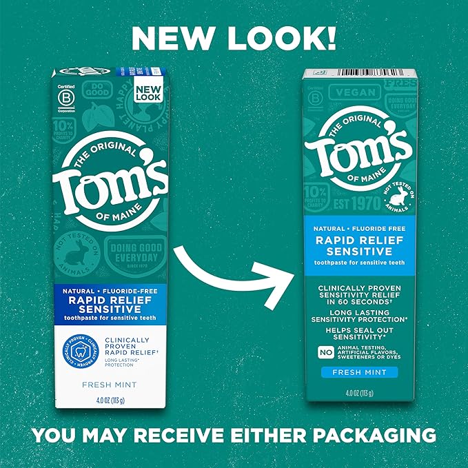 Tom's of Maine Fluoride-Free Rapid Relief Sensitive Toothpaste, Fresh Mint, 4 oz. 3-Pack (Packaging May Vary)