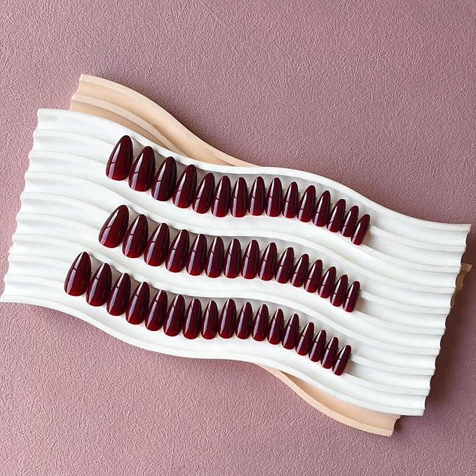 48Pcs Burgundy Press on Nails Almond Fake Nails Glue on Nails Medium Length Almond Shaped Nails Press ons, Stiletto False Nails for Women Dark Red Medium Almond Nails Thick Acrylic Gel Nails