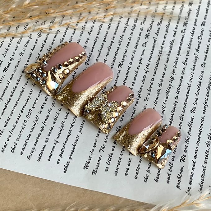 BABALAL Duck Nails Press on Gold Fake Bling French Tip Glue on Luxury Butterfly Rhinestone Acrylic 24Pcs Manicure Stick on False