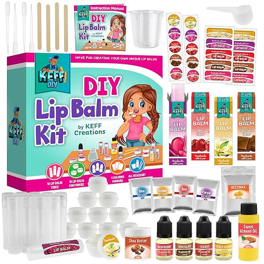 KEFF 51Pcs Lip Balm Making Kit - DIY Set for Natural Ingredients - Make Your Own Lip Gloss & Lip Balm for Kids Makeup Kit with Beeswax, Shea Butter, Flavor Oils, Mica Color Powders