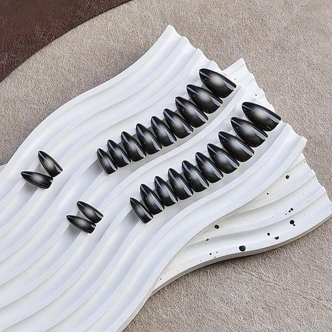 KQueenest Press On Nails Almond - Ombre White Black Press On Nails Medium Length, French Dark Fake Nails with Nail Glue, Reusable Soft Gel Gradient Black Glue On Nails for Women Decoration, 24 Pcs