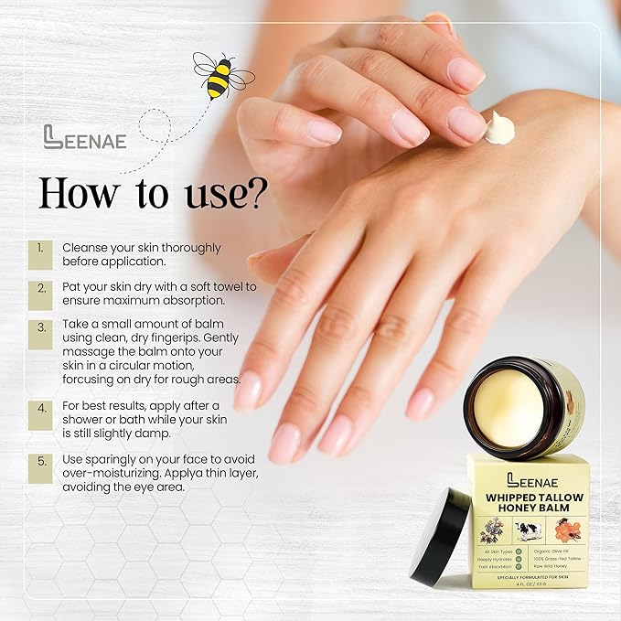 Whipped Beef Tallow Honey Balm | Grass Fed Tallow Face Moisturizer | Natural Unscented Beef Tallow for Skin with Olive Oil (4 Oz)