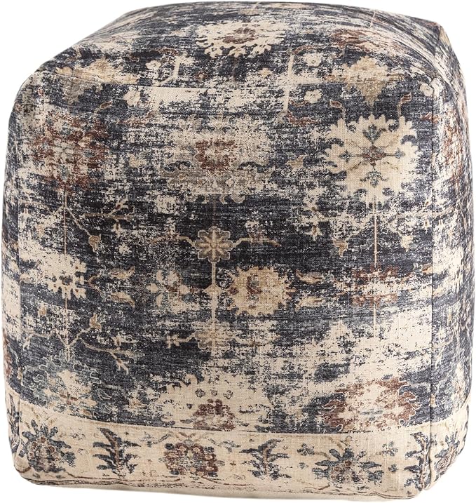 LR Home Vintage Floral Square Indoor Medium Pouf Ottoman, Navy Blue/Beige | Hand-Made Distressed Floral Pouf for Home Decor | 18 x 18 x 18 Stuffed Ottoman for Bedroom & Living Room Seating