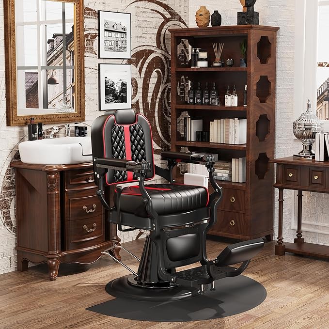 Baasha Black & Red Barber Chair, Plush Reclining Salon Chair with Adjustable Headrest, Wide Stable Base, 360° Swivel, Heavy-Duty for Barbers, 550 lbs