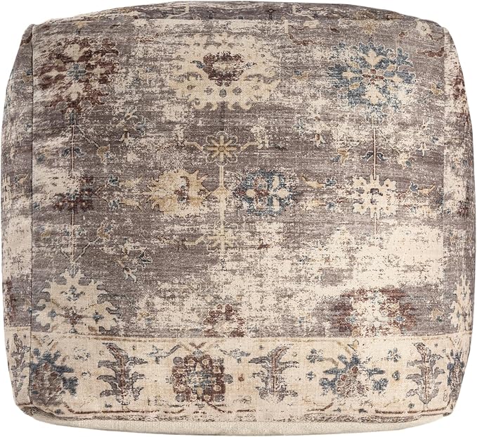 L. R. Resources, Inc. LR Home Vintage Floral Square Indoor Medium Pouf Ottoman, Taupe | Power-Loomed Polyester Footrest for Bedroom & Living Room Decor | 18 x 18 x 18 Filled Pouf for Seating