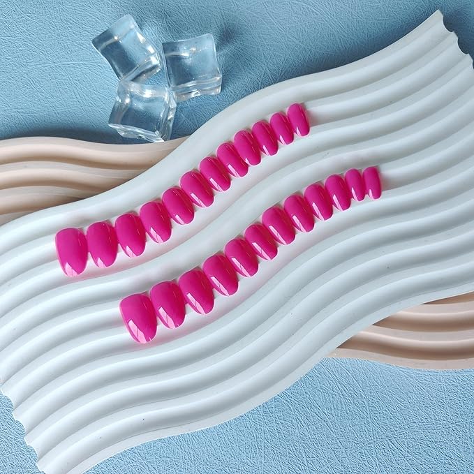 Hot Pink Press on Nails Short Almond Fake Nails Press ons, Thick Solid Color Neon Glue on Nails Short False Nails Medium Almond Nails Oval Round Shaped Nails for Women, 24Pcs Natural Acrylic Gel Nails