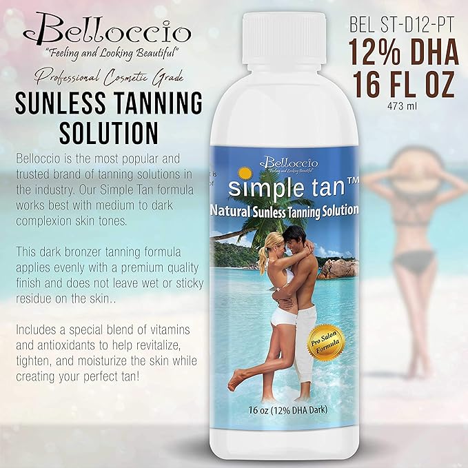 Belloccio Simple Tan Pint Bottle of Professional Salon Sunless Tanning Solution with 12% DHA and Dark Bronzer Color Guide