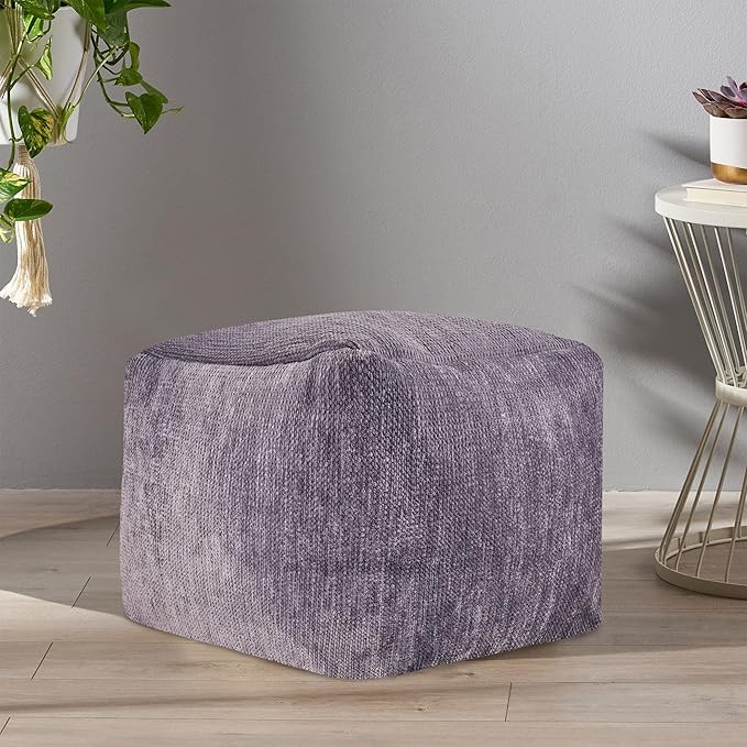 LR Home Contemporary Solid Square Indoor Medium Pouf Ottoman, Frost Gray | Hand-Made Power-Loomed Chenille Cube Pouf for Bedroom & Living Room Decor | 18 x 18 x 18 Stuffed Ottoman for Seating