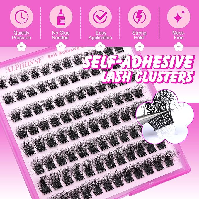ALPHONSE Self Adhesive Lash Clusters Reusable Self Adhesive Eyelashes Fluffier Press on Lashes Extension No Glue Needed 10-16mm Glueless Lashes Clusters with Tweezers