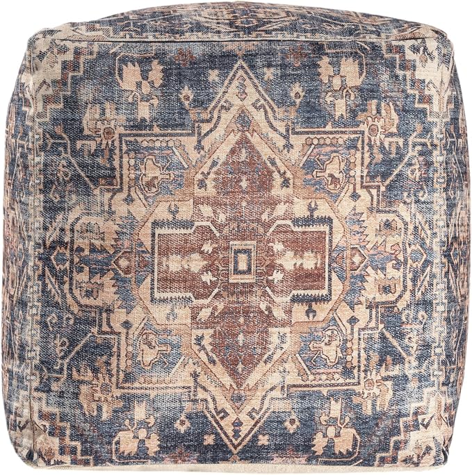 L. R. Resources, Inc. LR Home Vintage Medallion Square Indoor Medium Pouf Ottoman, Navy/Rust | Hand-Made Power-Loomed Pouf for Home Decor | 18 x 18 x 18 Stuffed Ottoman for Seating & Foot Rest