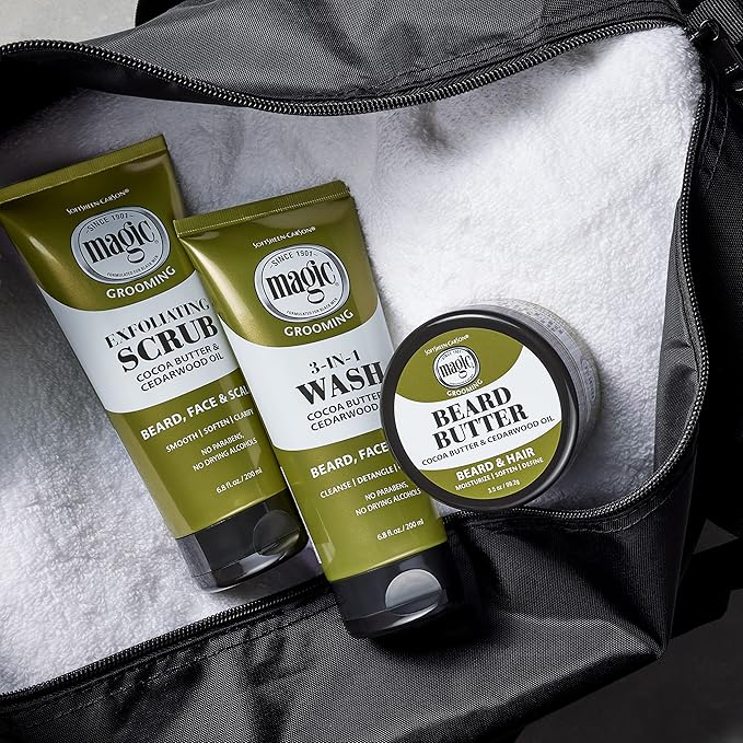 Softsheen-Carson Magic Shaving Beard Grooming Kit for Men with Cedarwood Oil, Includes Beard Butter, Scrub and Cleanser, Gift Set for Facial Hair Care,1 kit