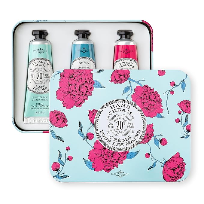 La Chatelaine 20% Shea Butter Hand Cream Travel Size Tin, Gift Set for Women, Nourishing Hand-Care Set for Holiday (Coconut Milk, Shea, Lychee Cranberry)