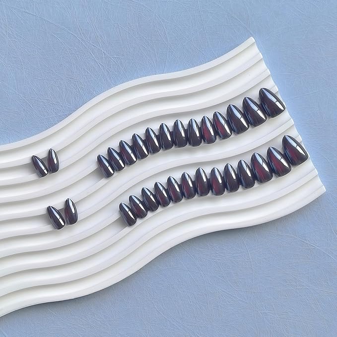 KQueenest Chrome Christmas Press On Nails Short Almond, Glazed Red Black Press On Nails With Glue, Glitter Fake Nails with Mirror Effect, Custom Soft Gel Glue on Nails with Design for Women, 30 Pcs