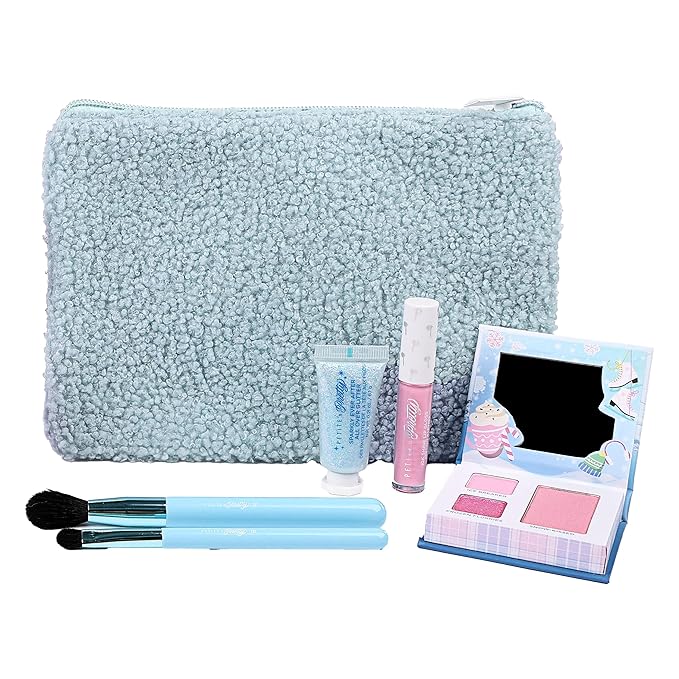 Petite 'n Pretty Sparkle Storm Makeup Gift Set for Kids, Tweens and Teens - Cool Vibes Eye & Cheek Palette, Brushes, 10K Shine Lip Gloss, Sparkly Ever After All Over Glitter in Blue Sherpa Bag
