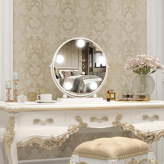 13 Inch Hollywood Vanity Mirror with Lights, Round Make Up Mirror with Lighting, LED Makeup Mirror with 5 Dimmable Bulbs for Bedroom Tabletop, Smart Touch Control, 360° Rotation