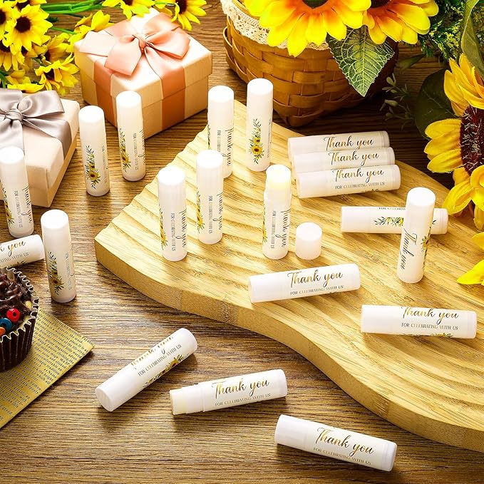 Dunzy 50 Pcs Thank You Gift Lip Balm Bulk Baby Shower Party Favors Bridal Shower Favor Lip Care with Assorted Fruit Flavors Thank You Lipstick for Guest Basket Gift Stuffer (Sunflower)