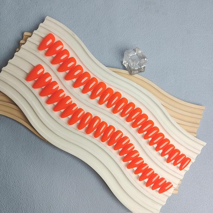 48Pcs Orange Press on Nails - Almond Shaped Medium Length Fake Nails, Stiletto False Nails for Women, Thick Natural Acrylic Gel Press ons