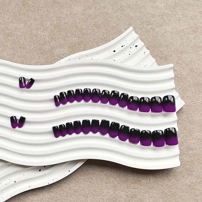 KQueenest Ombre French Press on Nails Short Square, Dark Purple Black Fake Nails Short Coffin, Gradient Color Acrylic Nails Press Ons, Soft Gel Glue on Nails for Women Decoration in 30 Pcs