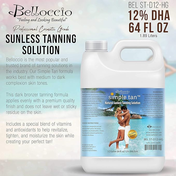 Belloccio Simple Tan Half Gallon Bottle of Professional Salon Sunless Tanning Solution with 12% DHA and Dark Bronzer Color Guide