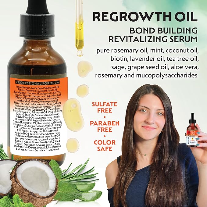Hair & Scalp Regrowth Oil, Pure Rosemary, Coconut Oil, Biotin & Mucopolysaccharides, (polysaccharide/sugar polymer), Repairs & Promotes Hair Growth, Revitalizing Serum, 2 oz