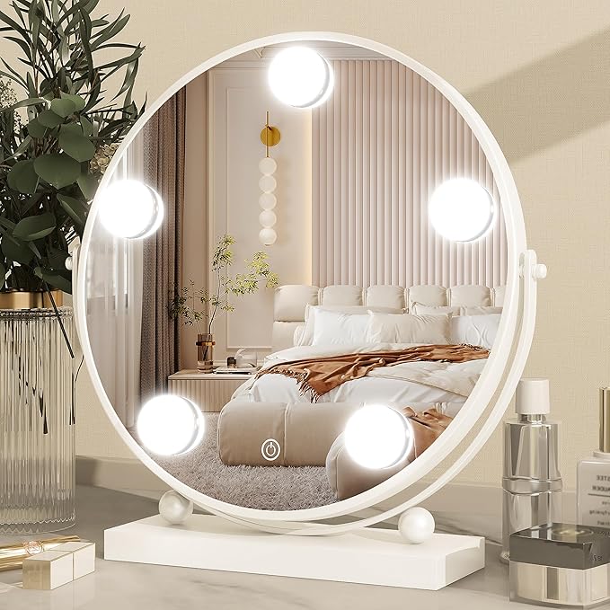 13 Inch Hollywood Vanity Mirror with Lights, Round Make Up Mirror with Lighting, LED Makeup Mirror with 5 Dimmable Bulbs for Bedroom Tabletop, Smart Touch Control, 360° Rotation