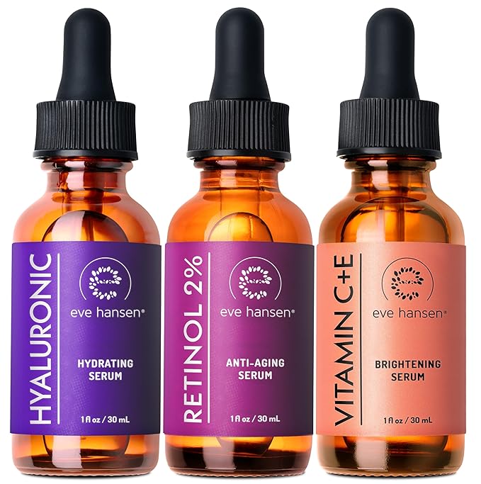 Eve Hansen Facial Serum Set | Vitamin C Serum, Hyaluronic Acid Serum, Retinol Serum | Hydrating and Anti-Aging Serum Set | 3x1 oz
