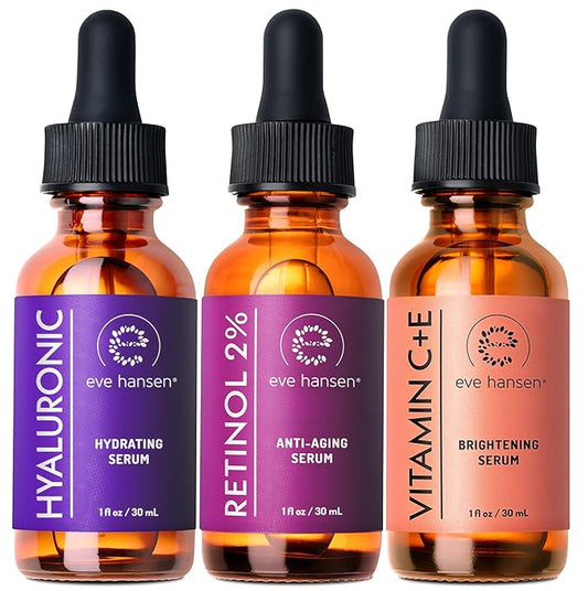 Eve Hansen Facial Serum Set | Vitamin C Serum, Hyaluronic Acid Serum, Retinol Serum | Hydrating and Anti-Aging Serum Set | 3x1 oz