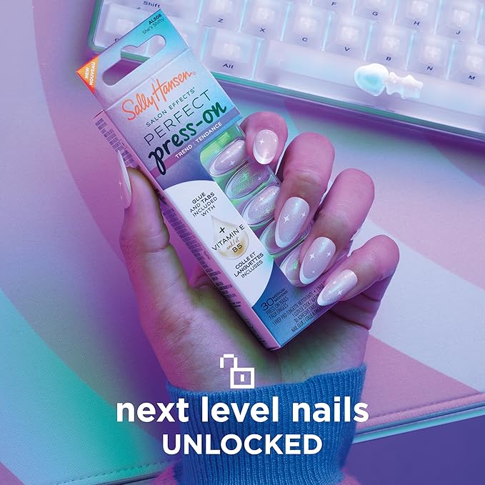 Sally Hansen Salon Effects Perfect Press-On Nails | Almond Shape | Easy to Apply, Non-Damaging | 30 Nails, Nail Glue, Adhesive Tabs, File | Sapphire Spin